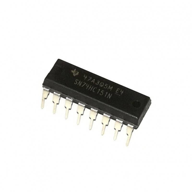 74151 IC - a black rectangular integrated circuit with eight metal pins visible along one side and white text reading SN74HC151N printed on its top surface.