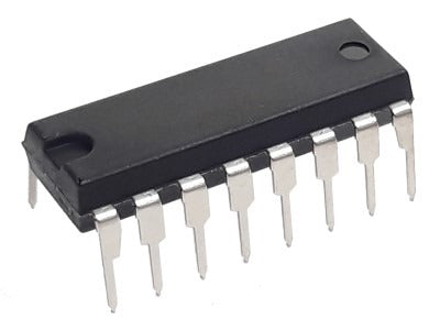 74153 74HC153 Dual 4-input Multiplexer IC - a black, rectangular integrated circuit with sixteen metal pins arranged in two parallel rows.