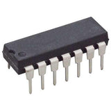 74153 74LS153 Dual 4 Input Multiplexer IC - a black, rectangular integrated circuit component with sixteen metallic pins arranged in two rows.