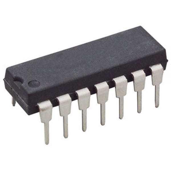 74153 74LS153 Dual 4 Input Multiplexer IC - a black, rectangular integrated circuit component with sixteen metallic pins arranged in two rows.