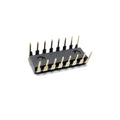 74163 IC: 4-bit Synchronous Binary Counter IC - black 16-pin dual in-line package integrated circuit with silver-colored metal pins, shown from an elevated side angle on a white background.