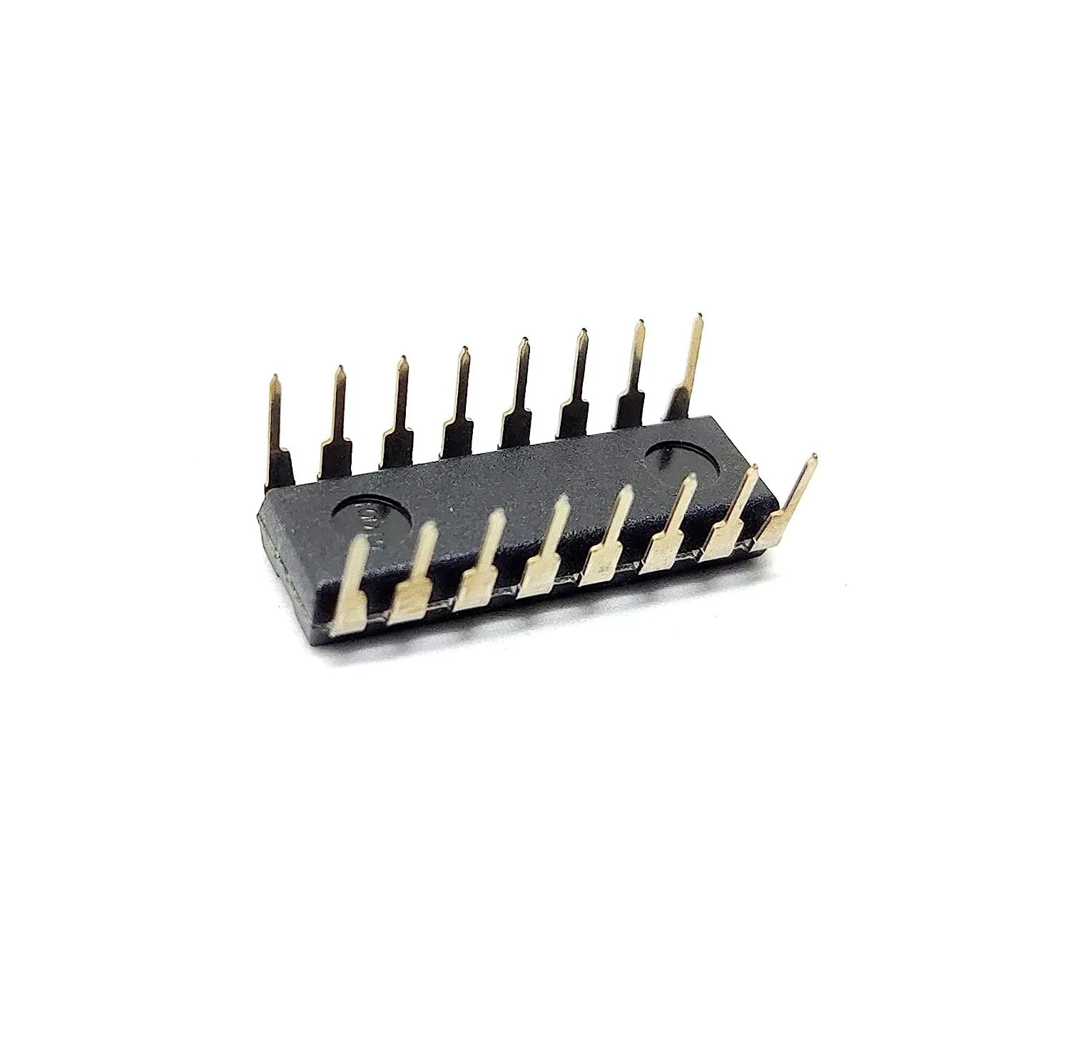 74163 IC: 4-bit Synchronous Binary Counter IC - black 16-pin dual in-line package integrated circuit with silver-colored metal pins, shown from an elevated side angle on a white background.
