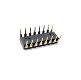 74163 IC: 4-bit Synchronous Binary Counter IC - black 16-pin dual in-line package integrated circuit with silver-colored metal pins, shown from an elevated side angle on a white background.