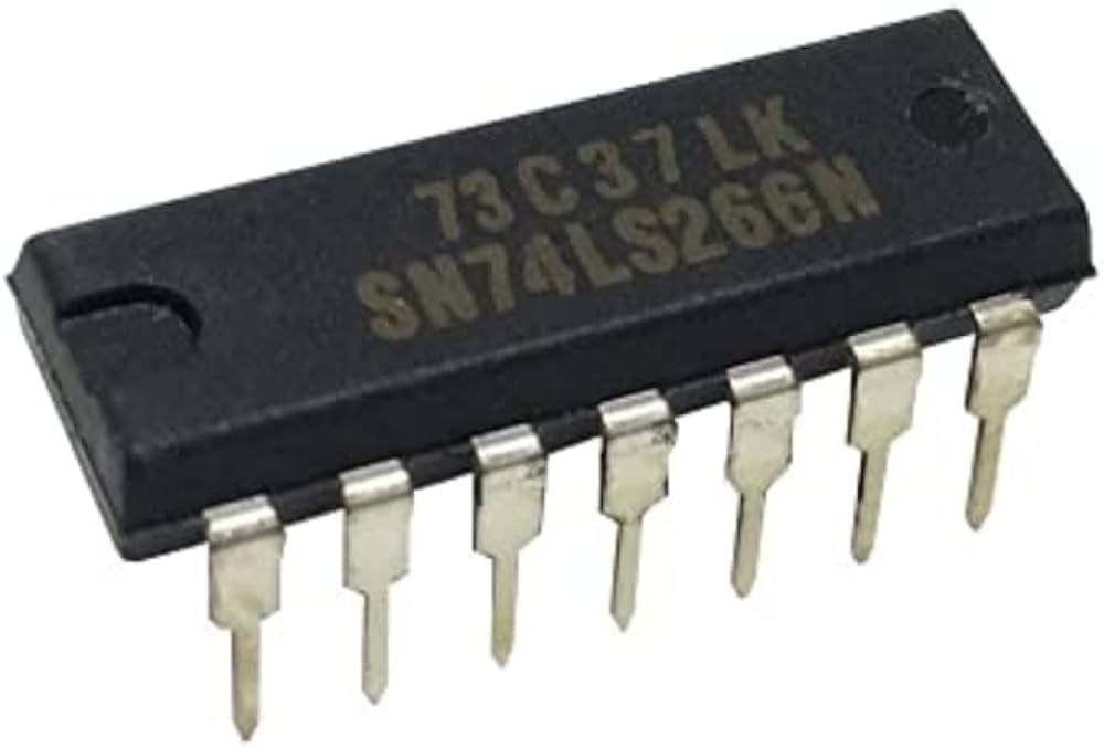 74266 74HC266 74LS266 Xnor Gates Quad Exclusive-nor Gate - SN74LS266N Quad Exclusive-NOR gate IC in a black 14-pin dual in-line package with metal pins, shown from an angled perspective.