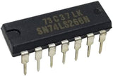 74266 74HC266 74LS266 Xnor Gates Quad Exclusive-nor Gate - SN74LS266N Quad Exclusive-NOR gate IC in a black 14-pin dual in-line package with metal pins, shown from an angled perspective.
