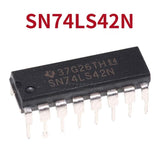 7442 SN74LS42N 4-Line BCD to 10-Line Decimal Decoder (DIP-16) - black 16-pin dual in-line package (DIP) integrated circuit with silver metal leads and white text printed on the top surface.