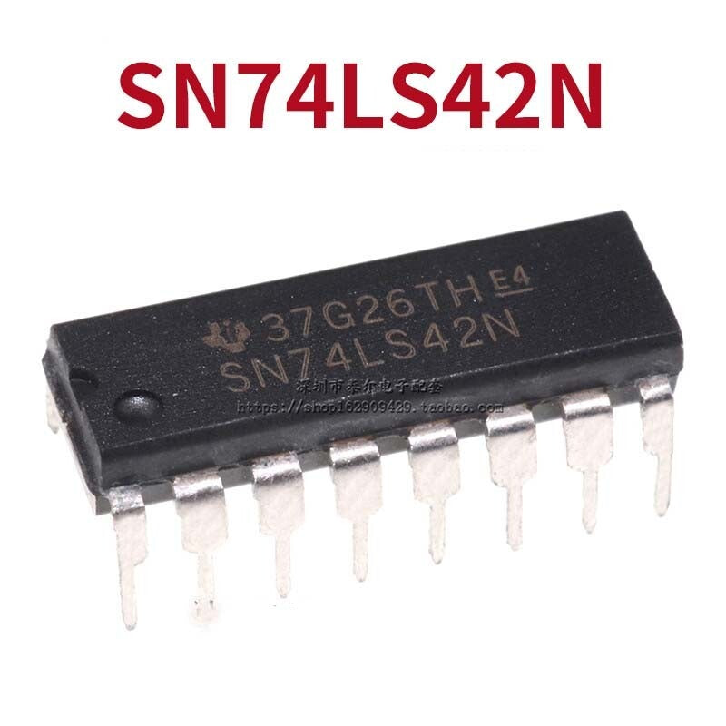 7442 SN74LS42N 4-Line BCD to 10-Line Decimal Decoder (DIP-16) - black 16-pin dual in-line package (DIP) integrated circuit with silver metal leads and white text printed on the top surface.