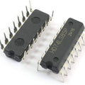 7485 IC - two black 16-pin dual in-line package integrated circuits with silver pins, one showing the text HD74LS85P 2M16.