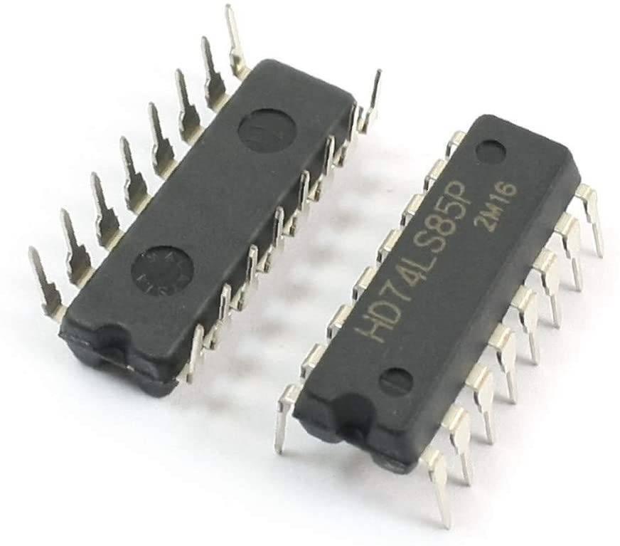 7485 IC - two black 16-pin dual in-line package integrated circuits with silver pins, one showing the text HD74LS85P 2M16.
