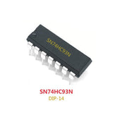 7493 SN74HC93N 4-Bit Binary Ripple Counter (DIP-14) - a black, 14-pin DIP integrated circuit chip with the model number printed in yellow on its top surface.