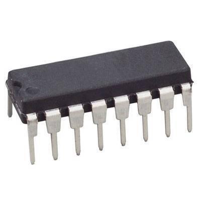 74HC138 IC - a black 16-pin dual in-line package electronic component with silver metal pins, shown from a high-angle perspective.