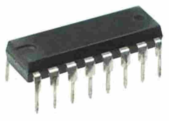 74HC161 IC Presettable Synchronous 4 Bit Binary Counter Asynchronous Reset - a black, rectangular electronic component with sixteen metallic pins arranged in two parallel rows of eight.