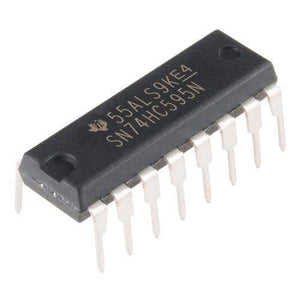 74HC595 8 Bit Serial To Parallel Shift Register IC - a black, rectangular electronic component with 16 metal pins arranged in two rows.