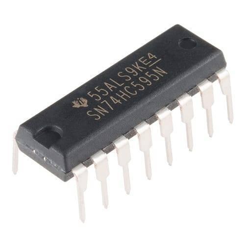74HC595 8 Bit Serial To Parallel Shift Register IC - a black, rectangular electronic component with 16 metal pins arranged in two rows.