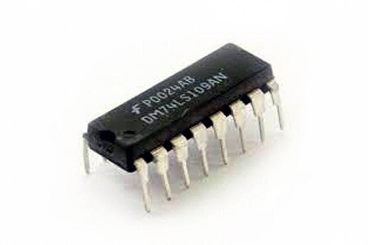 74LS109 IC - a black dual in-line package integrated circuit with 16 silver metal pins, shown from an elevated angle against a white background.
