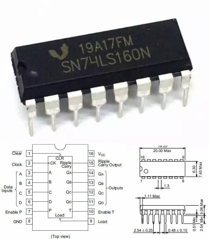 74LS160 Bcd Counter IC Decade Counter 4-bit Synchronous - a black 16-pin integrated circuit, its pinout diagram with labels, and a technical dimension drawing.