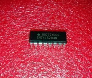 74LS283 - a black 16-pin dual in-line package integrated circuit with white text reading "80772YKCS" and "SN74LS283N" on a red foam background.