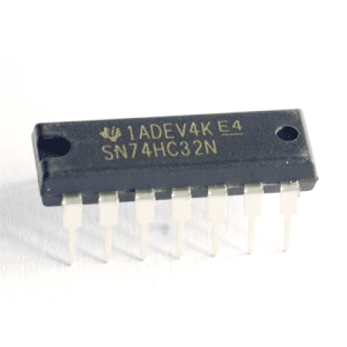 74LS32 74-LS32 74HC32 7432 Quad 2 Input Or Gate DIP IC SN74CH32N - a black rectangular electronic component with fourteen metal pins arranged in two rows on a white background.
