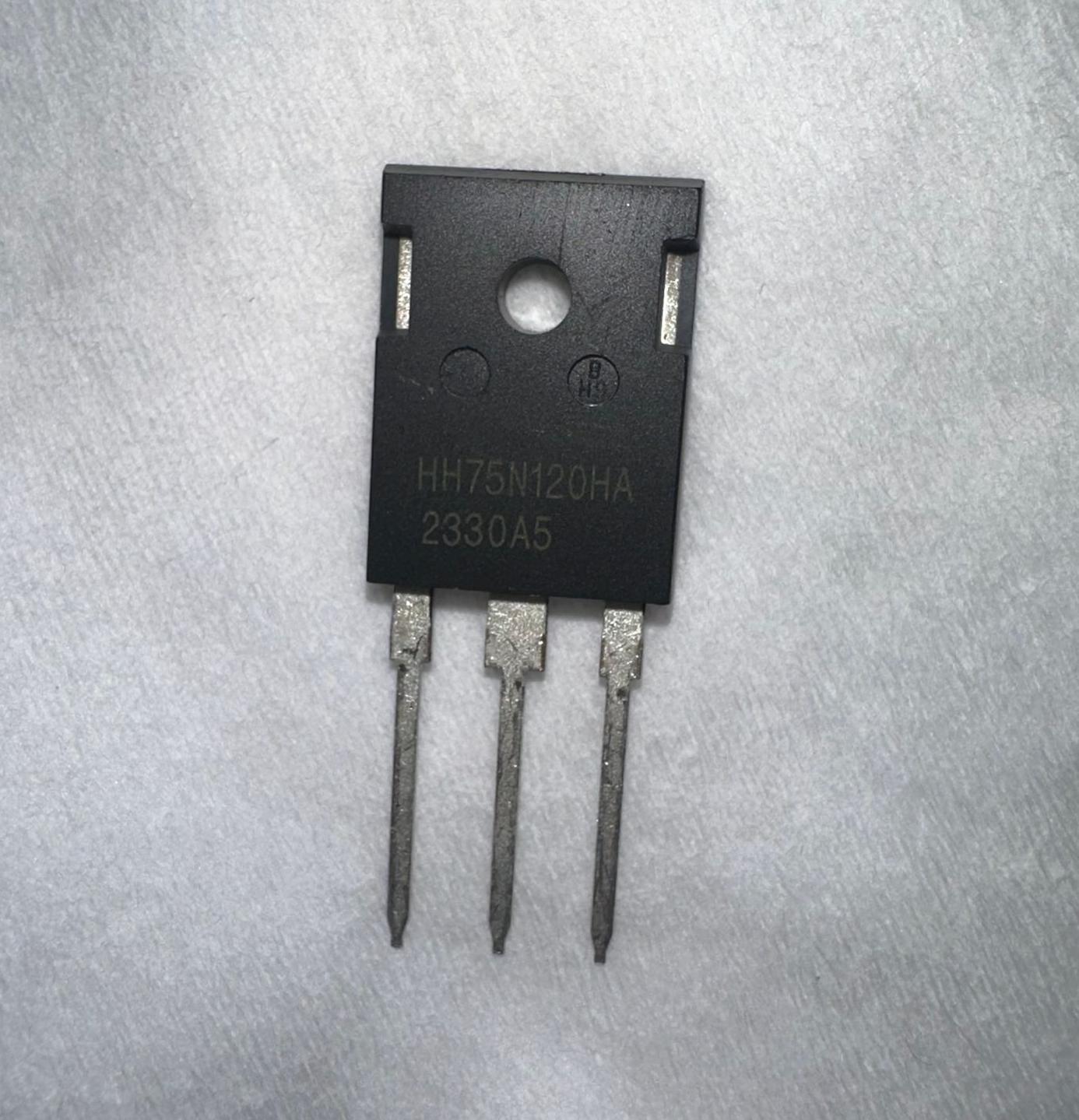 75amps 1200volts HH75N120HA IGBT Solar Inverter IGBT-digilog.pk - a black three-pin electronic component with the text "HH75N120HA 2330A5" printed on its front surface.