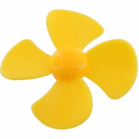 75mm 4 Vane Propeller For Small Motor - a bright yellow, four-bladed plastic propeller with a central mounting hub.