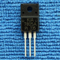 7805A 5V 1A Positive Voltage Regulator – TO-220F - a black TO-220F electronic component with three metal pins, shown against a blue textured background.