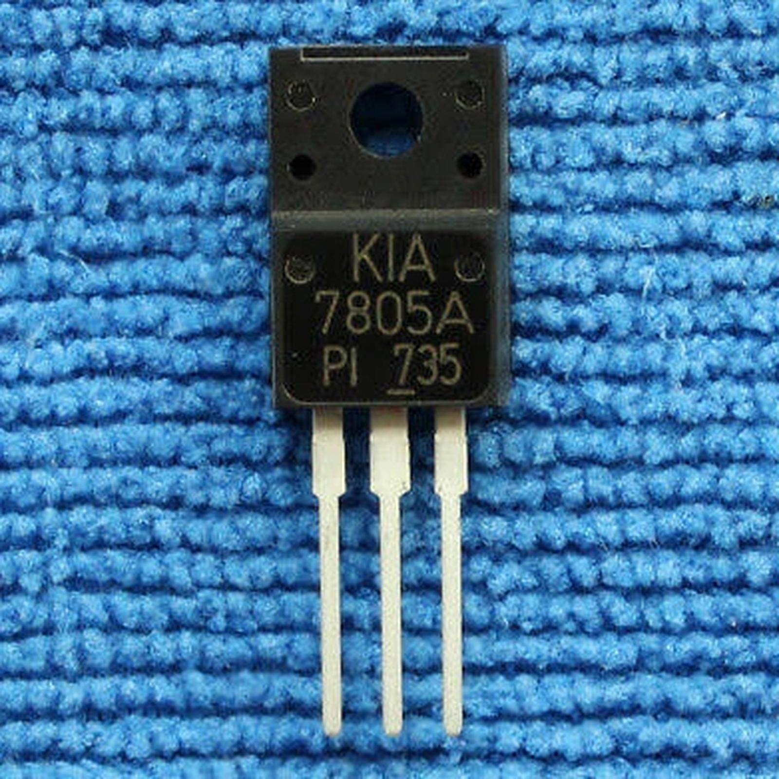 7805A 5V 1A Positive Voltage Regulator – TO-220F - a black TO-220F electronic component with three metal pins, shown against a blue textured background.
