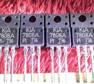 7808A Kia Three Terminal Positive Voltage Regulator - four black TO-220 package components with three metal pins each on a red textured background.
