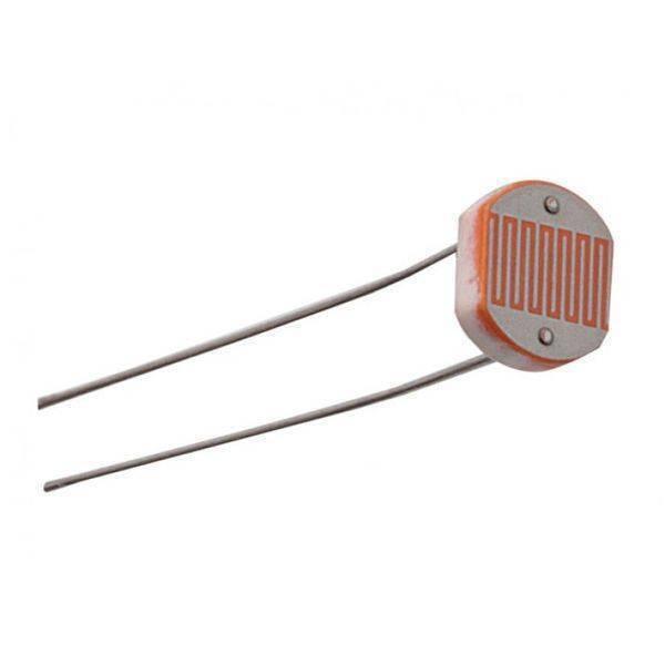 7mm Photocell Photoresistor LDR Light Dependent Resistor Sensor - shown as a small, circular, orange-and-white component with two long metal wire leads.