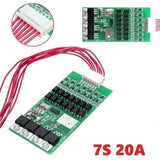 7s 24V 20A 18650 Lithium Lion Battery Charger Module Protection Board BMS PCB With Wire - a green circuit board with black components, a white connector, red wires, and a close-up inset of the wire connection.