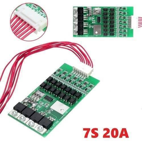 7s 24V 20A 18650 Lithium Lion Battery Charger Module Protection Board BMS PCB With Wire - a green circuit board with black components, a white connector, red wires, and a close-up inset of the wire connection.