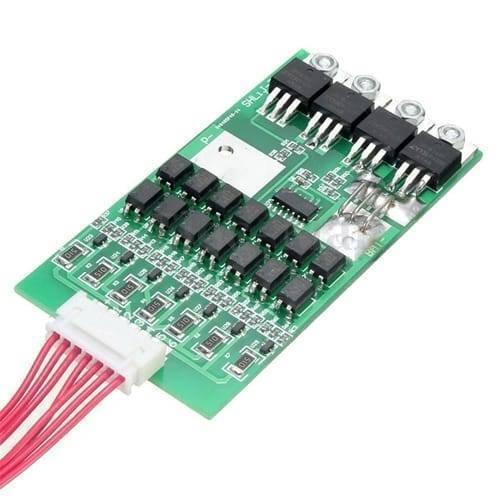 7s 24V 20A 18650 Lithium Lion Battery Charger Module Protection Board BMS PCB With Wire - a green rectangular circuit board with multiple transistors, a white connector, and red wires.