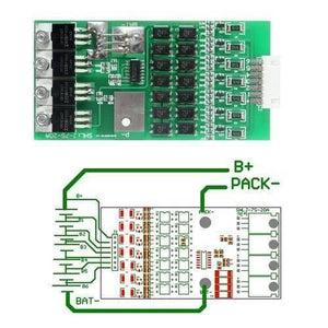 7s 24V 20A 18650 Lithium Lion Battery Charger Module Protection Board BMS PCB With Wire - the green circuit board with MOSFETs, a white connector, and a wiring diagram below it.