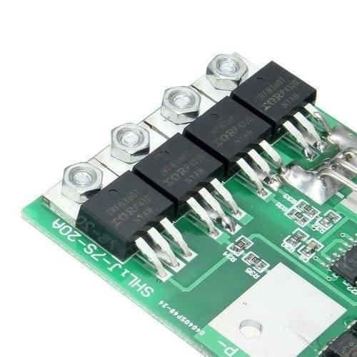7s 24V 20A 18650 Lithium Lion Battery Charger Module Protection Board BMS PCB With Wire - a close-up view of the green PCB featuring four black IRF83607 MOSFETs and metal screw terminals.