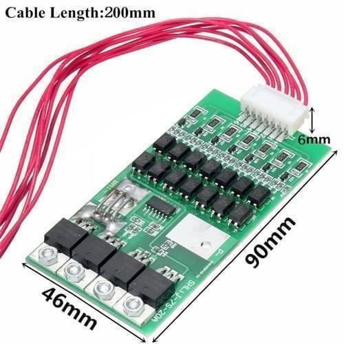7s 24V 20A 18650 Lithium Lion Battery Charger Module Protection Board BMS PCB With Wire - the green PCB, red wires, white connector, and dimensions of 90mm by 46mm.