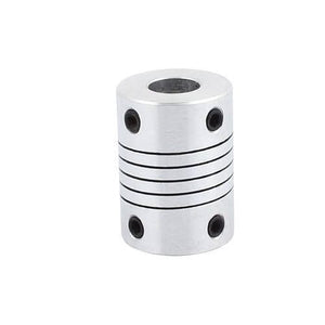 7x8mm Flexible Coupling Shaft - a silver cylindrical metal component featuring a spiral-cut flexible center and four black set screws on the ends.