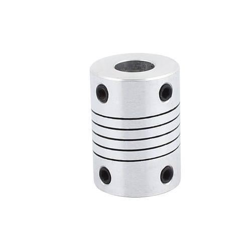 7x8mm Flexible Coupling Shaft - a silver cylindrical metal component featuring a spiral-cut flexible center and four black set screws on the ends.