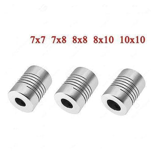 7x8mm Flexible Coupling Shaft - shown as three silver cylindrical metal couplings with spiral cuts, with size options listed above them in red text.