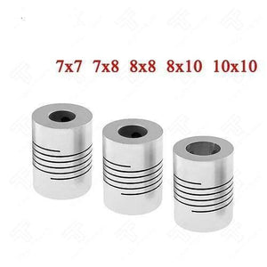 7x8mm Flexible Coupling Shaft - shown as three silver cylindrical metal couplings with spiral cuts, displayed alongside a list of available size options.