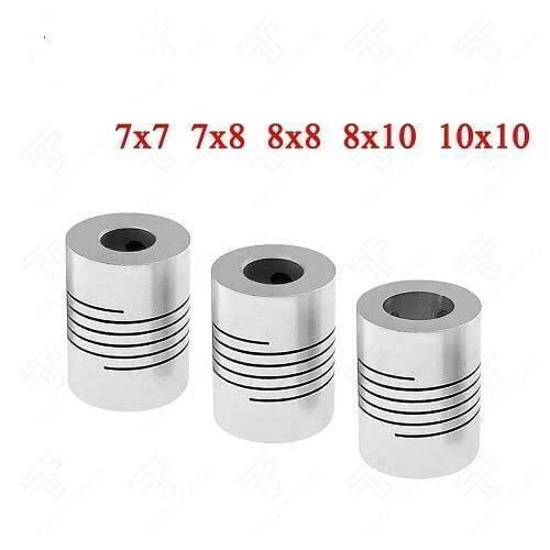 7x8mm Flexible Coupling Shaft - shown as three silver cylindrical metal couplings with spiral cuts, displayed alongside a list of available size options.