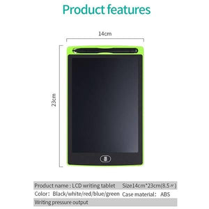 8.5 Inch Electronic Digital Graphics LCD Sketching Writing Tablet Doodle Drawing Board Pad Erasable E-writer Learning Notepad Slate For Kids Adults - a green-framed 8.5-inch digital drawing pad with a stylus and a central erase button, shown with its height and width dimensions.