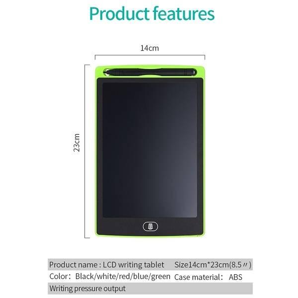 8.5 Inch Electronic Digital Graphics LCD Sketching Writing Tablet Doodle Drawing Board Pad Erasable E-writer Learning Notepad Slate For Kids Adults - a green-framed 8.5-inch digital drawing pad with a stylus and a central erase button, shown with its height and width dimensions.