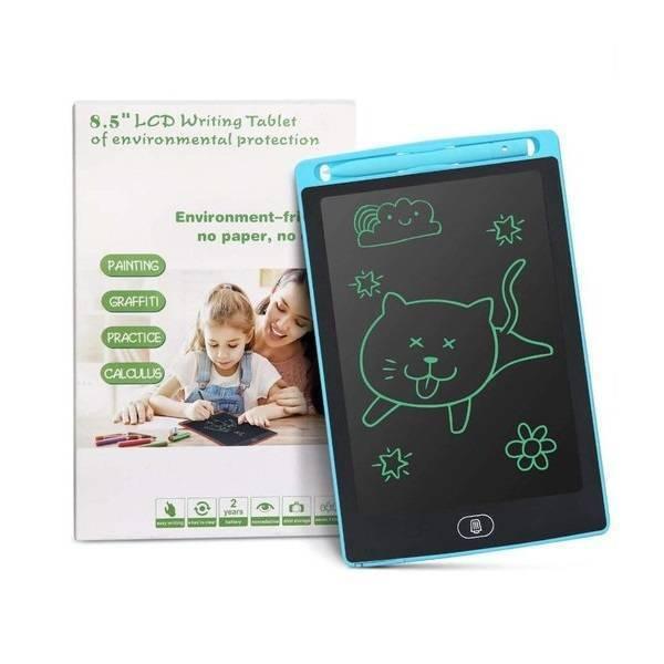 8.5 Inch Electronic Digital Graphics LCD Sketching Writing Tablet Doodle Drawing Board Pad Erasable E-writer Learning Notepad Slate For Kids Adults - a blue tablet with a cat drawing on its screen next to its product packaging featuring a child using the device.