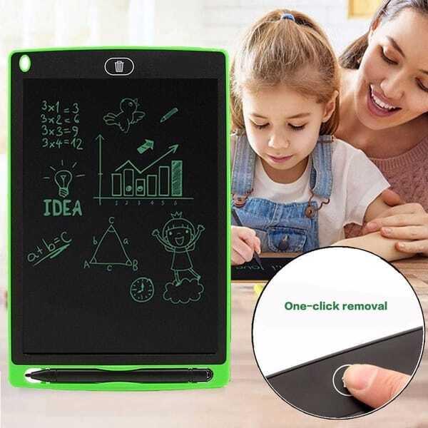 8.5 Inch Electronic Digital Graphics LCD Sketching Writing Tablet Doodle Drawing Board Pad Erasable E-writer Learning Notepad Slate For Kids Adults - a drawing of math equations and a girl, with a stylus and erase button.
