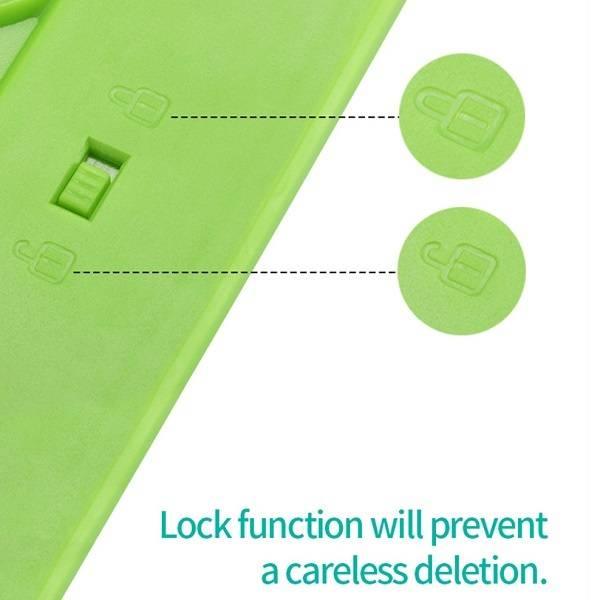8.5 Inch Electronic Digital Graphics LCD Sketching Writing Tablet Doodle Drawing Board Pad Erasable E-writer Learning Notepad Slate For Kids Adults - close-up of the green plastic casing showing a sliding lock switch with locked and unlocked icons.