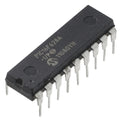 8 Bit Microcontroller/18 Pin DIP (PIC16F628A) Price - an 18-pin black dual in-line package microcontroller with silver metal pins, shown from an angled top-down perspective.