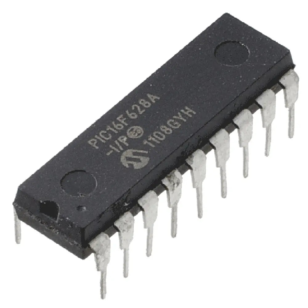 8 Bit Microcontroller/18 Pin DIP (PIC16F628A) Price - an 18-pin black dual in-line package microcontroller with silver metal pins, shown from an angled top-down perspective.
