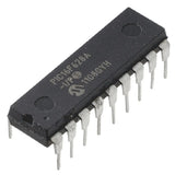 8 Bit Microcontroller/18 Pin DIP (PIC16F628A) Price - an 18-pin black dual in-line package microcontroller with silver metal pins, shown from an angled top-down perspective.
