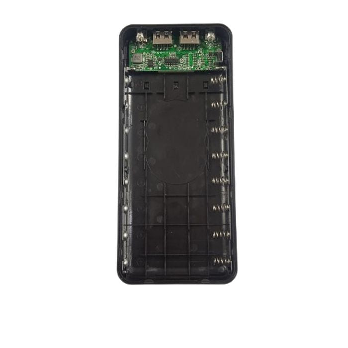8 Cells Dual USB Power Bank Case With LCD Display - shown as an open black plastic housing with a green circuit board and two USB ports at the top.