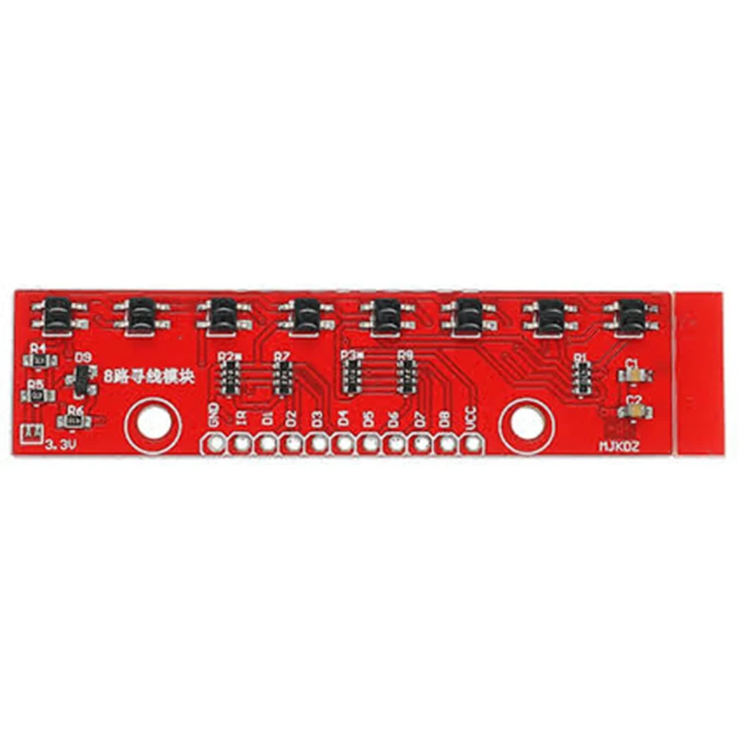 8 Channel Reflectance Sensor Array Module Qtr-8A - a red rectangular circuit board featuring eight sensors, multiple resistors, and a row of pin headers.