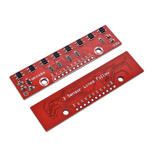 8 Channel Reflectance Sensor Array Module Qtr-8A - shown as two red circuit boards with eight sensors, surface-mount components, and pin headers.